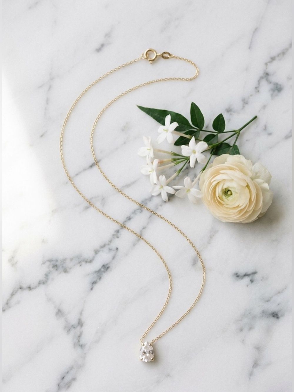 14K Gold CZ Teardrop Solitaire Pendant Necklace Hallmark Dainty Fine 15” Bridal